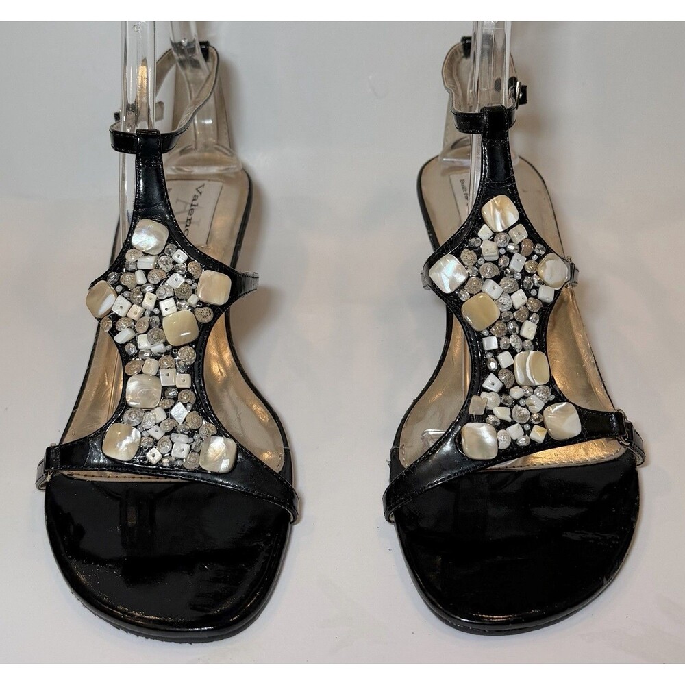 AJ Valenci Built for Comfort Black Patent Beaded T Strap Wedge Sandals 10M